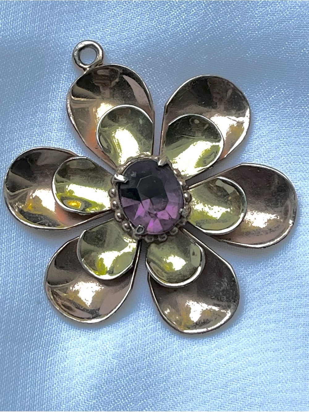 Vintage 1940s Sterling Silver Vermeil Layered Flower Pendant Amethyst Stone 1.5"
